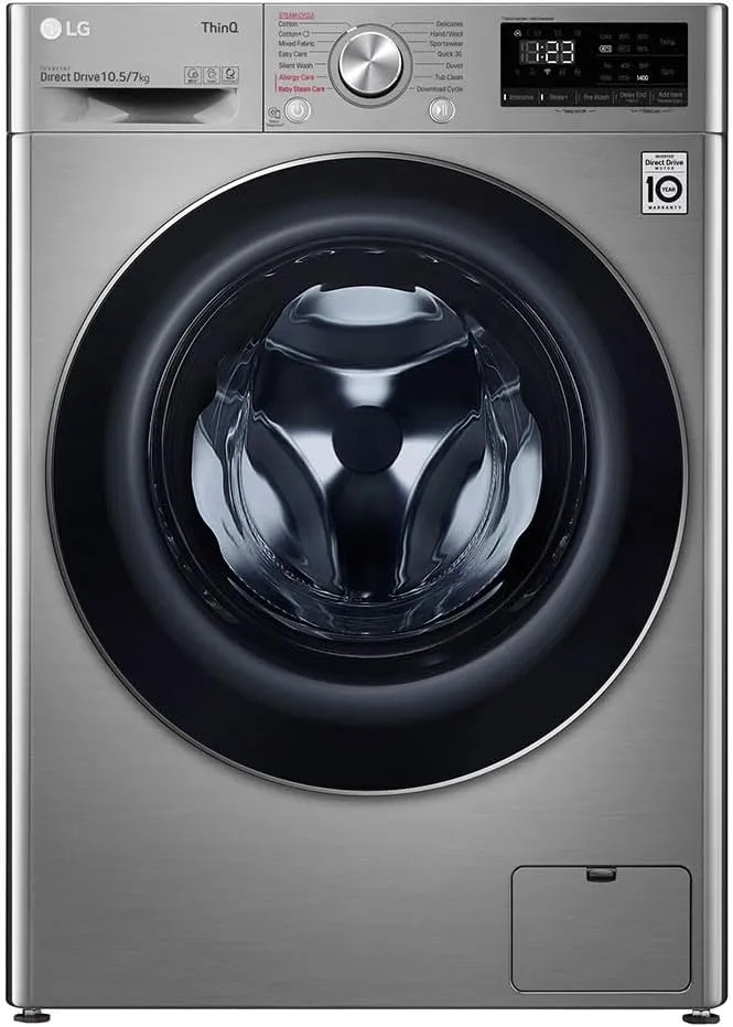 LG 10kg wash and 7kg dry front load washer dryer in silver with 1400 RPM speed.