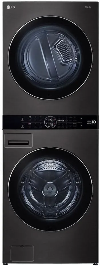 LG Wash Tower washer and dryer in black steel finish, 19kg wash and 16kg dry capacity.