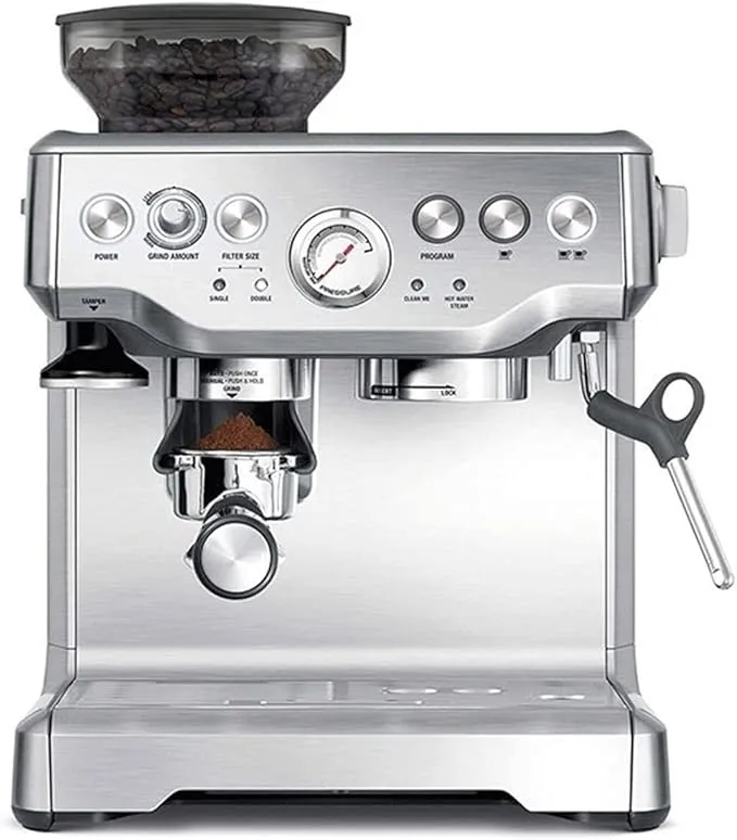 LOYOUYEO semi-automatic espresso coffee machine with bean grinder in silver, US version for home and commercial use.