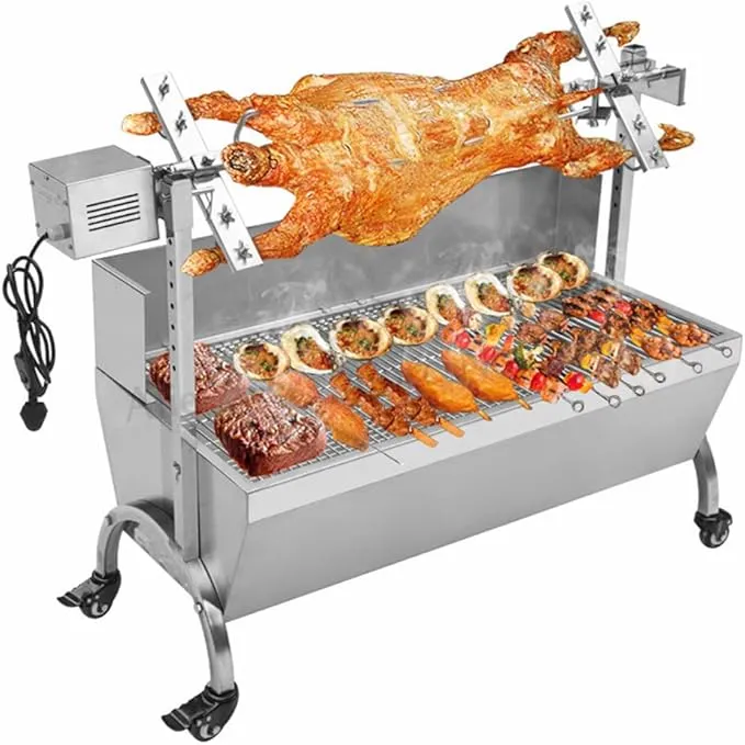 Stainless steel electric rotisserie grill with windshield for outdoor BBQ and camping.