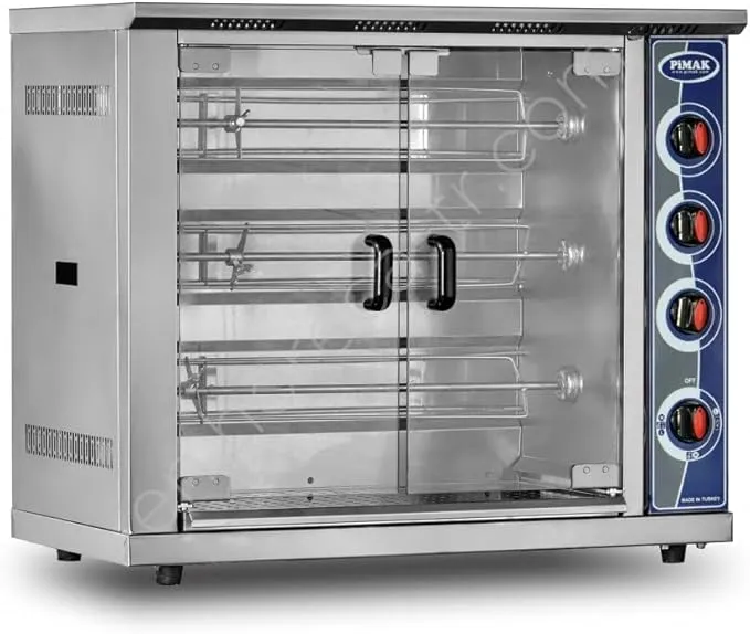 Electric chicken rotisserie machine with countertop BBQ grill and spit roaster.