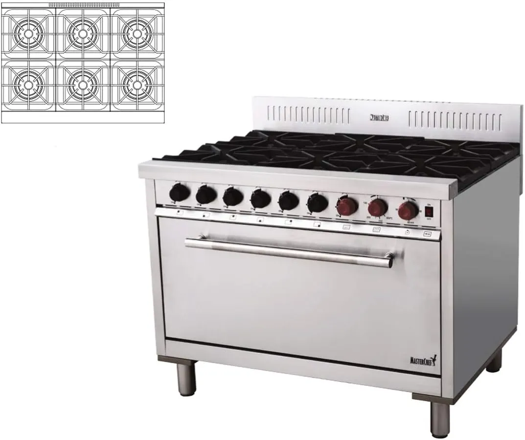 Masterchef heavy-duty 6-burner gas cooker with oven and grill, stainless steel Pro Series model MHO-4461CN.