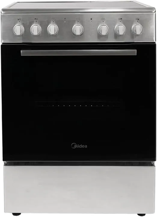 Midea 60x60cm freestanding ceramic cooker with 65L multifunction oven, 4 cooking zones, convection fan, and rotisserie.