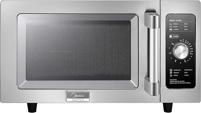 MideaPro stainless steel commercial microwave with countertop dial controls.