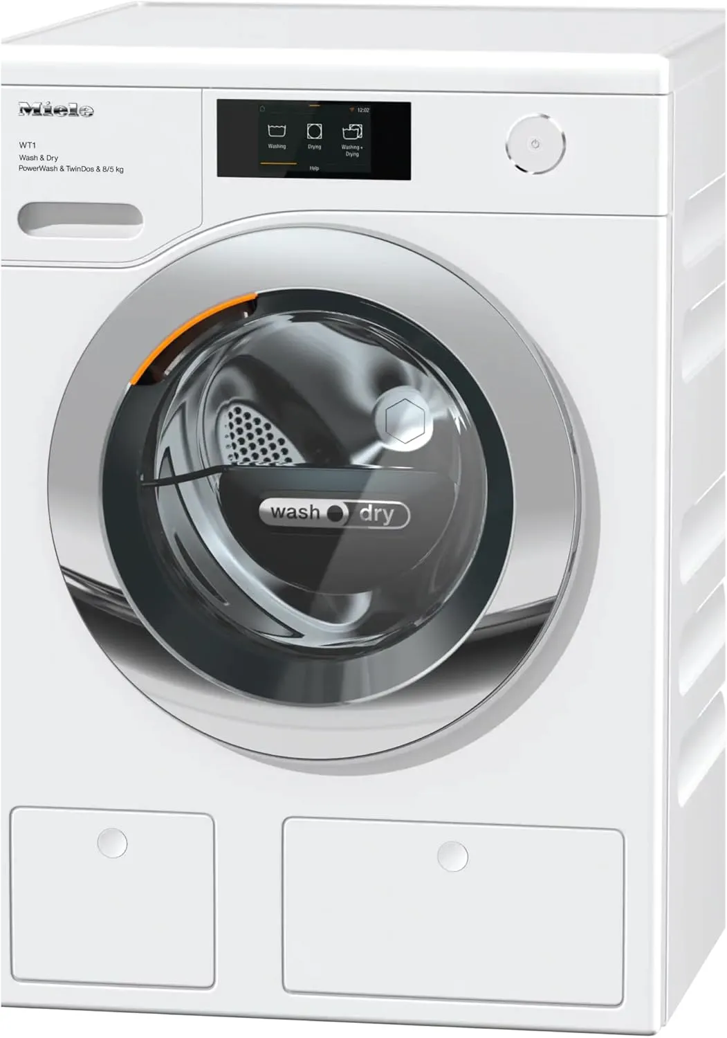 Miele front-load washer-dryer combo in Lotus White with ProfiEco motor, PerfectCare, Miele@home, 10 wash and 9 dry programs.