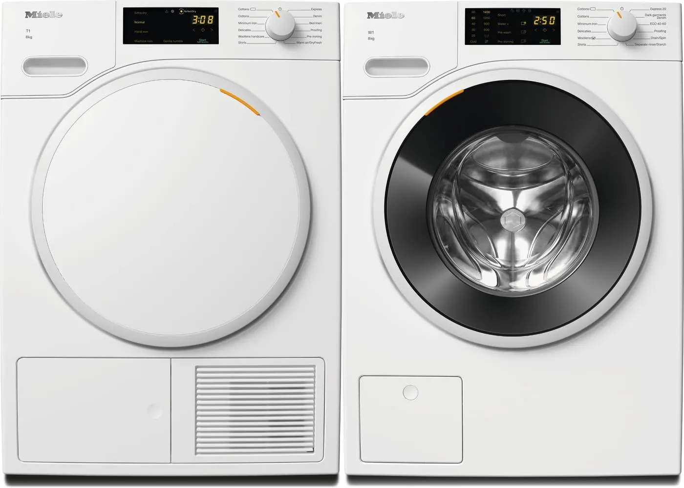 Miele WWD 120 WCS 8kg extra quiet washing machine paired with energy-efficient heat-pump dryer for perfect drying.
