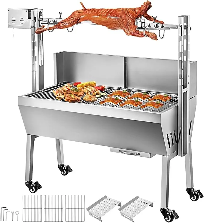 34-inch stainless steel electric rotisserie grill with 25W motor for outdoor pig and lamb roasting.