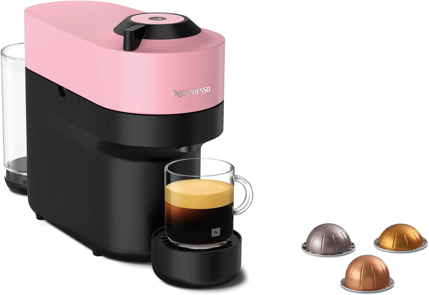 Nespresso Vertuo Pop compact coffee pod machine in candy pink, single-serve capsule design.