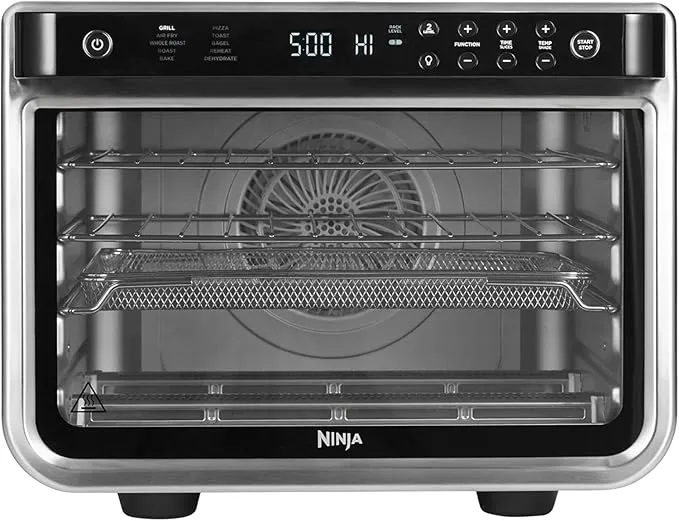 Ninja Foodi 10-in-1 multifunction countertop oven in silver and black with air fry, bake, grill, and roast functions.