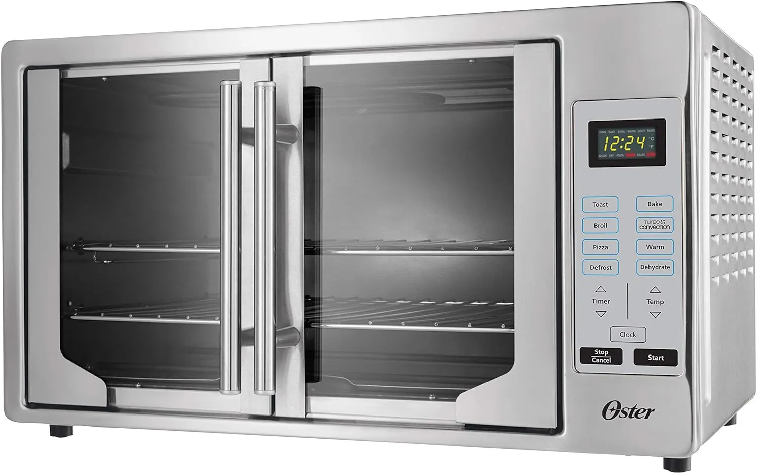 Oster 45L stainless steel convection countertop oven and toaster for baking, broiling, and toasting.