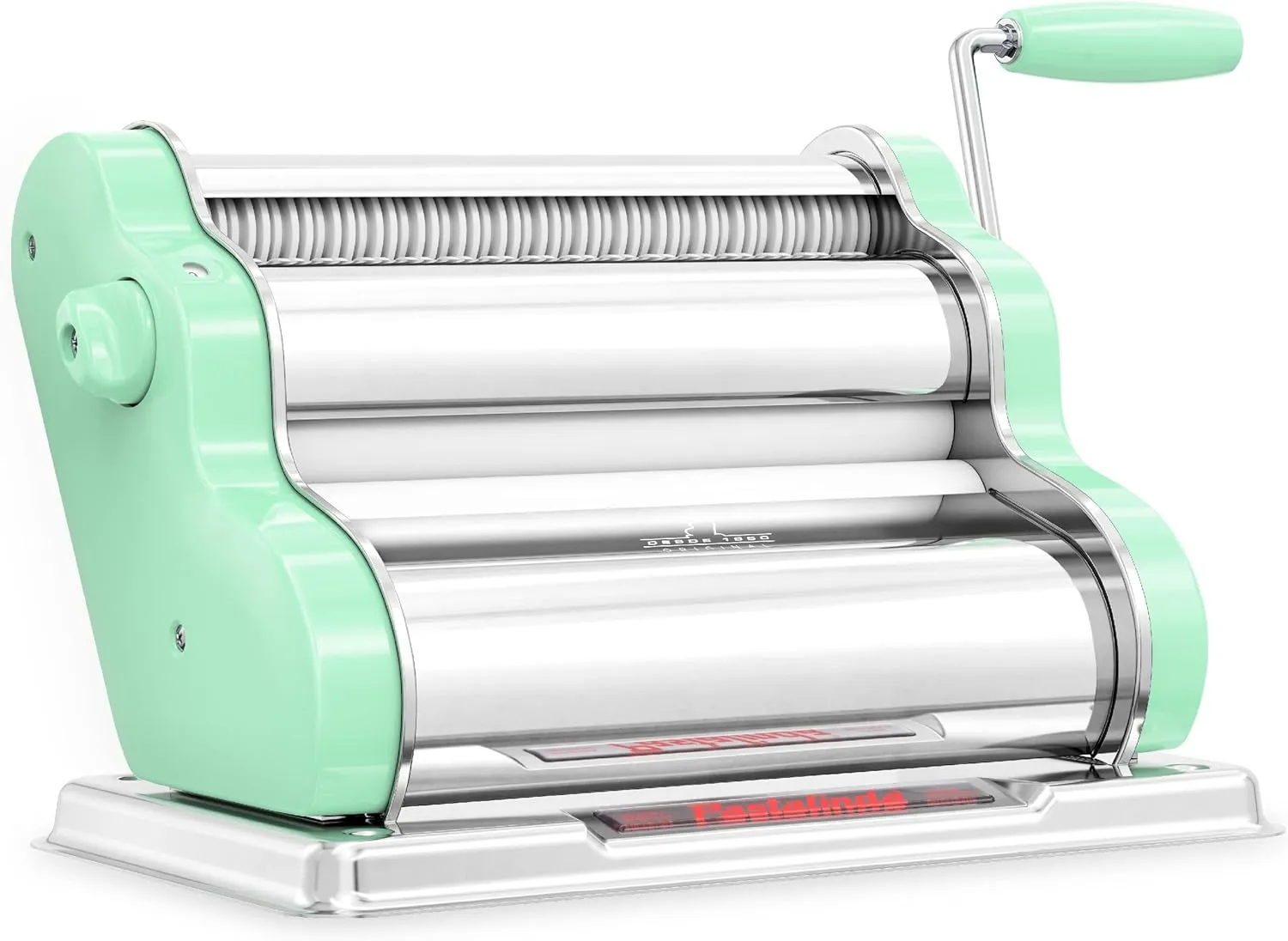 PASTALINDA professional stainless steel pasta roller with adjustable cutter and reinforced design.