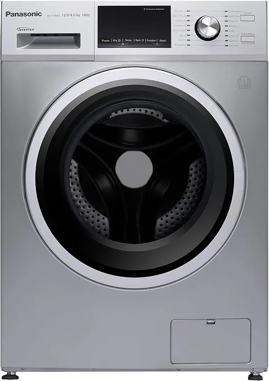 Panasonic 12kg wash and 8kg dry front load washer dryer in silver with 1400 RPM speed.