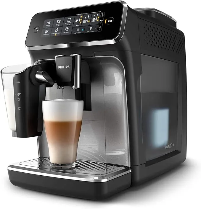 Philips Series 3200 fully automatic espresso machine with 1500W power, LatteGo milk system, and touch display.