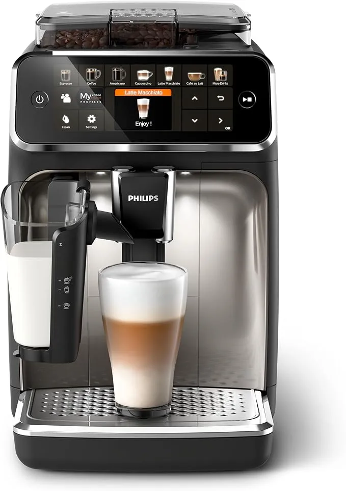 Philips Series fully automatic espresso machine with LatteGo milk system and TFT display for coffee and specialty beverages.