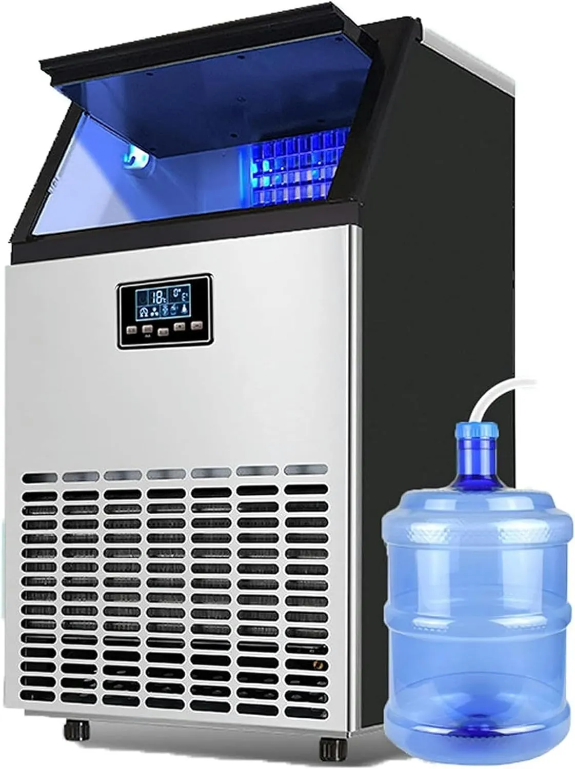 Portable countertop ice maker with self-cleaning, LED display, and low noise for home and commercial use.