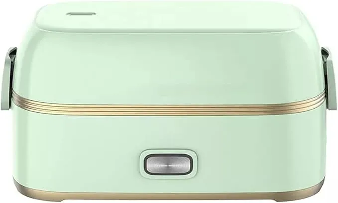Portable electric lunch box rice cooker with double-layer design for multi-function travel cooking.