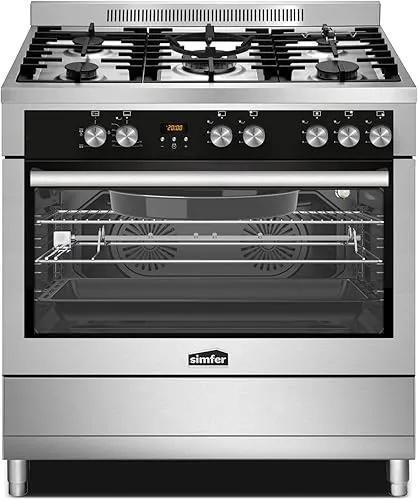 SIMFER professional gas cooker with gray ceramic oven, wok burner, dual convection fans, and dish warmer drawer.