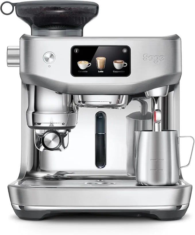 Sage The Oracle Jet espresso machine with integrated grinder, dual milk frother, LCD display, and brushed stainless steel finish.