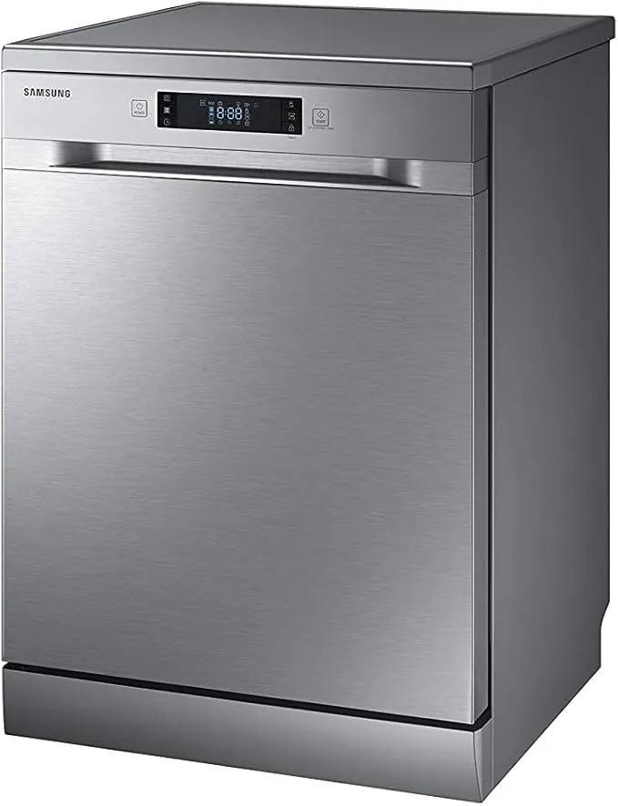 Samsung freestanding dishwasher DW60M6040FS in silver with 13 place settings.