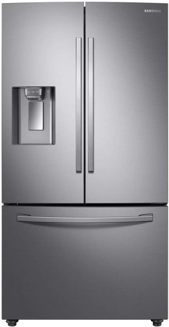 Samsung French door fridge freezer in silver with water and ice dispenser.