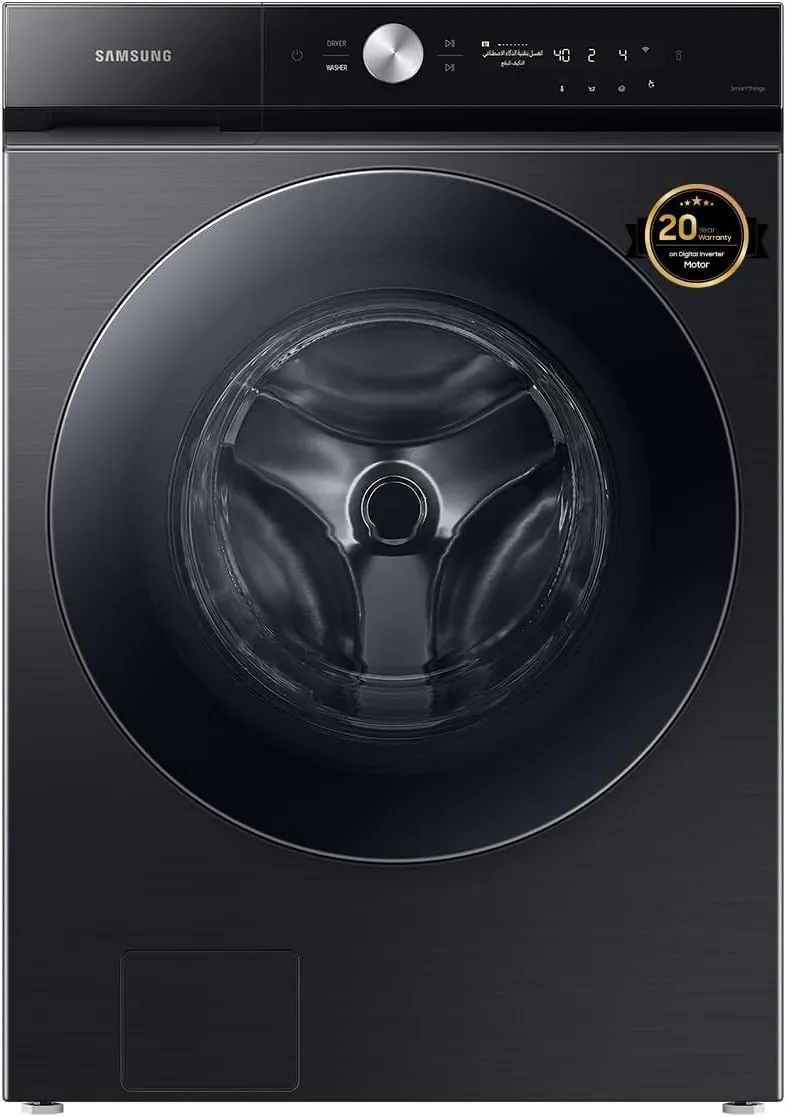 Samsung black front load washer with EcoBubble AI Wash and auto open door