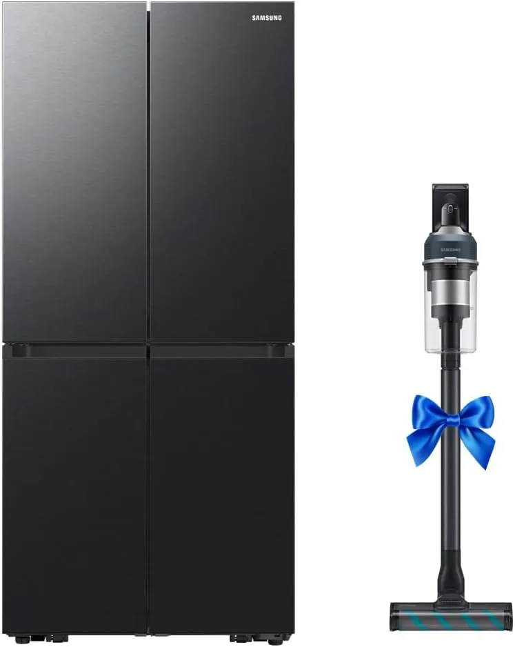Samsung T-style French door refrigerator with beverage center alongside Jet 95 cordless vacuum with 210W suction.