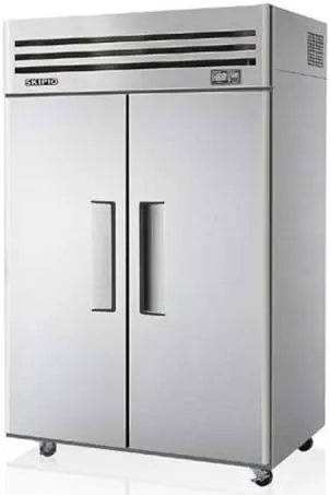 Skipio stainless steel upright refrigerator with two doors for commercial kitchens.