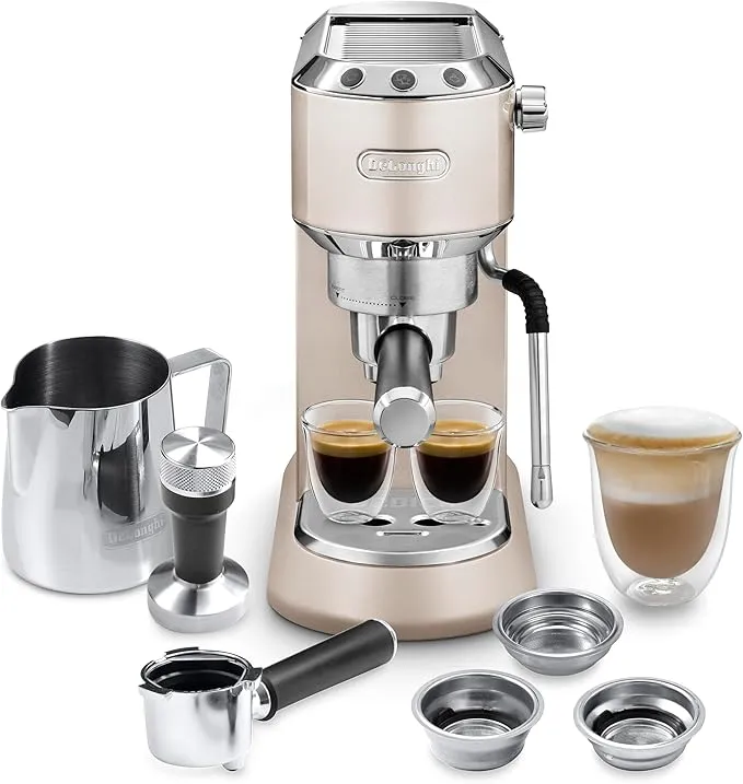 De'Longhi Dedica Arte espresso machine in sleek stainless steel with professional coffee tamper.