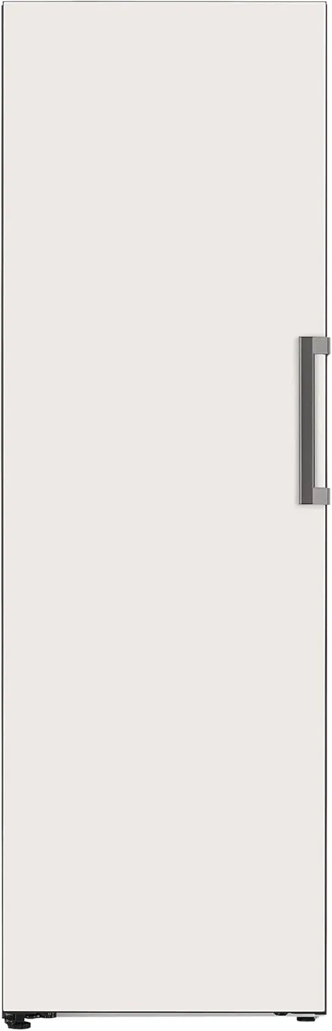 Smart beige upright freezer with glass door and WiFi connectivity.