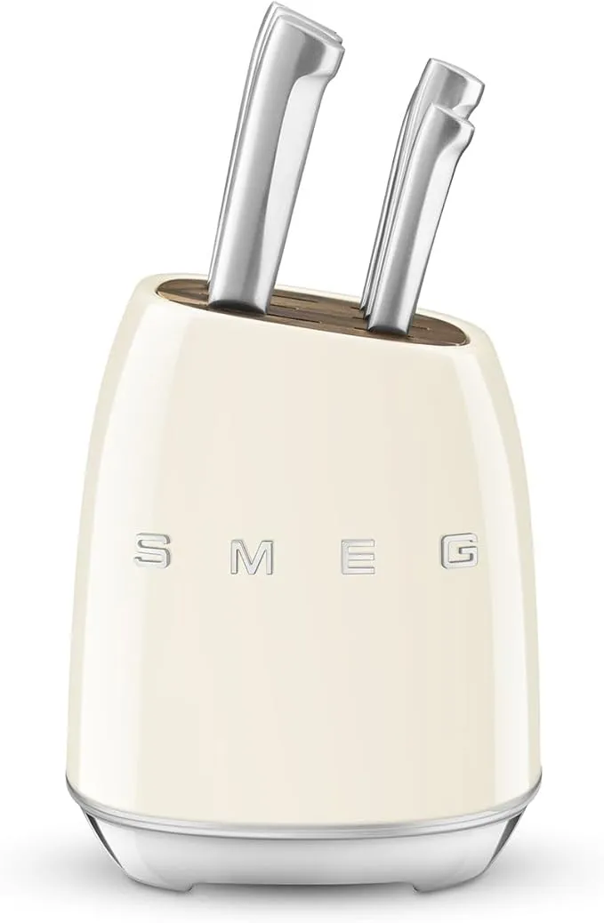Smeg 6-piece cream knife block set with premium stainless steel blades and ergonomic handles.