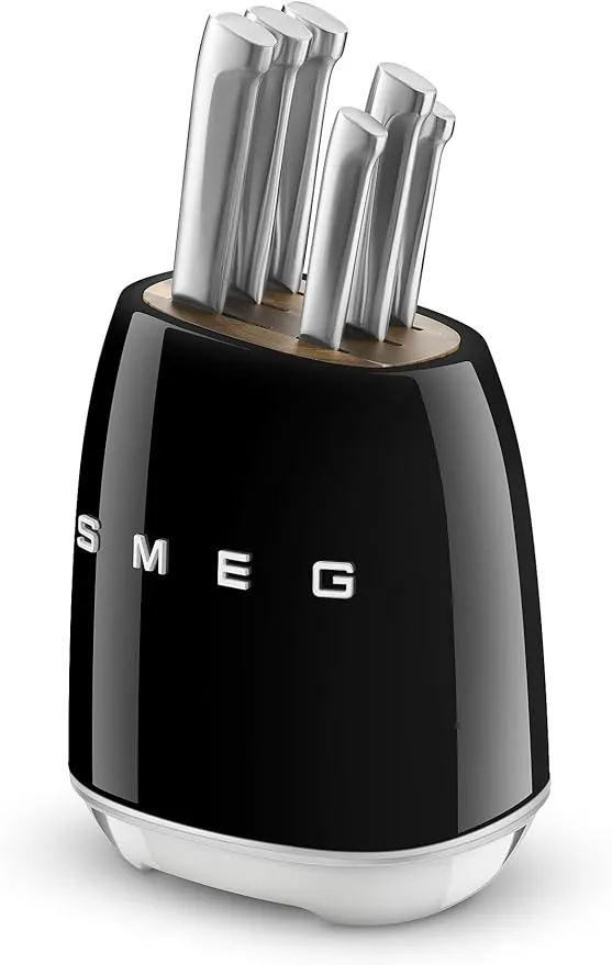 Smeg black stainless steel knife block set with premium kitchen knives and stylish holder.