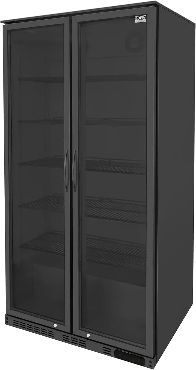 Sofia stainless steel 2-door upright bottle cooler refrigerator.