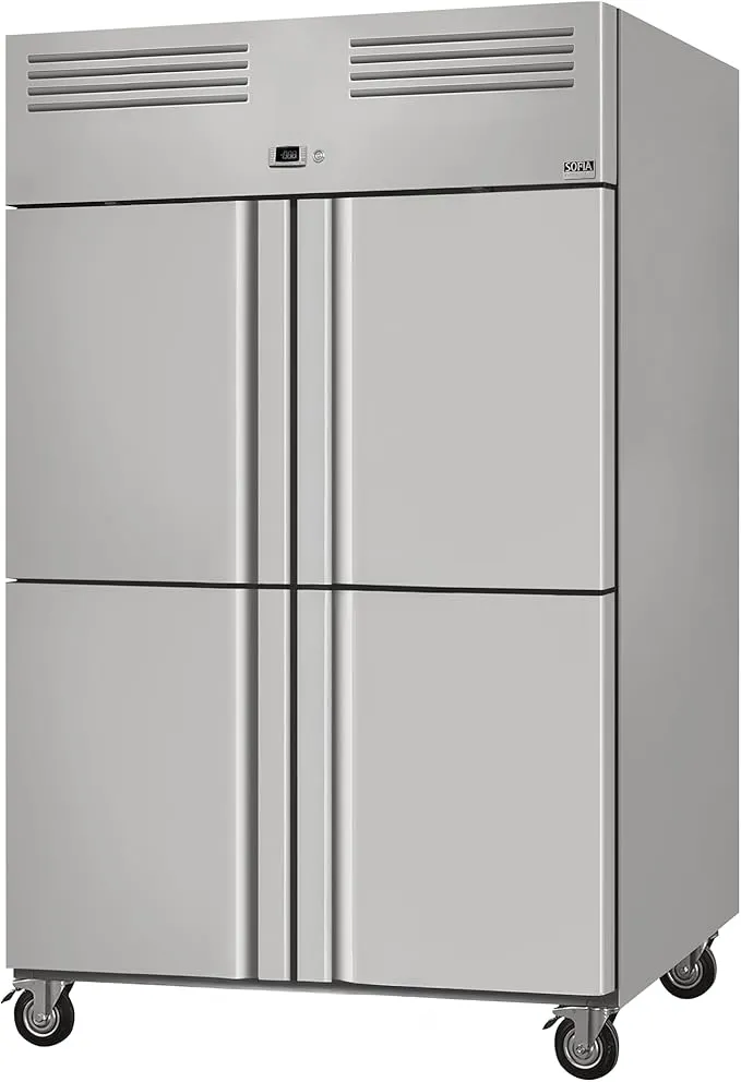 Sofia Coreline 1200L stainless steel 4-half door upright freezer, energy efficient.