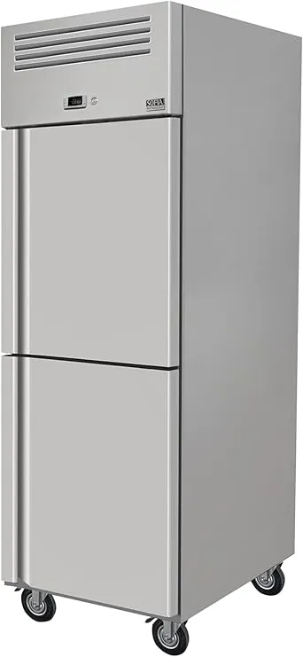 Sofia Refrigeration Coreline upright freezer with two half-doors in stainless steel.