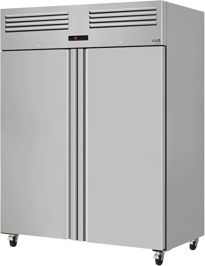 Sofia Refrigeration stainless steel upright freezer with two doors for commercial use.
