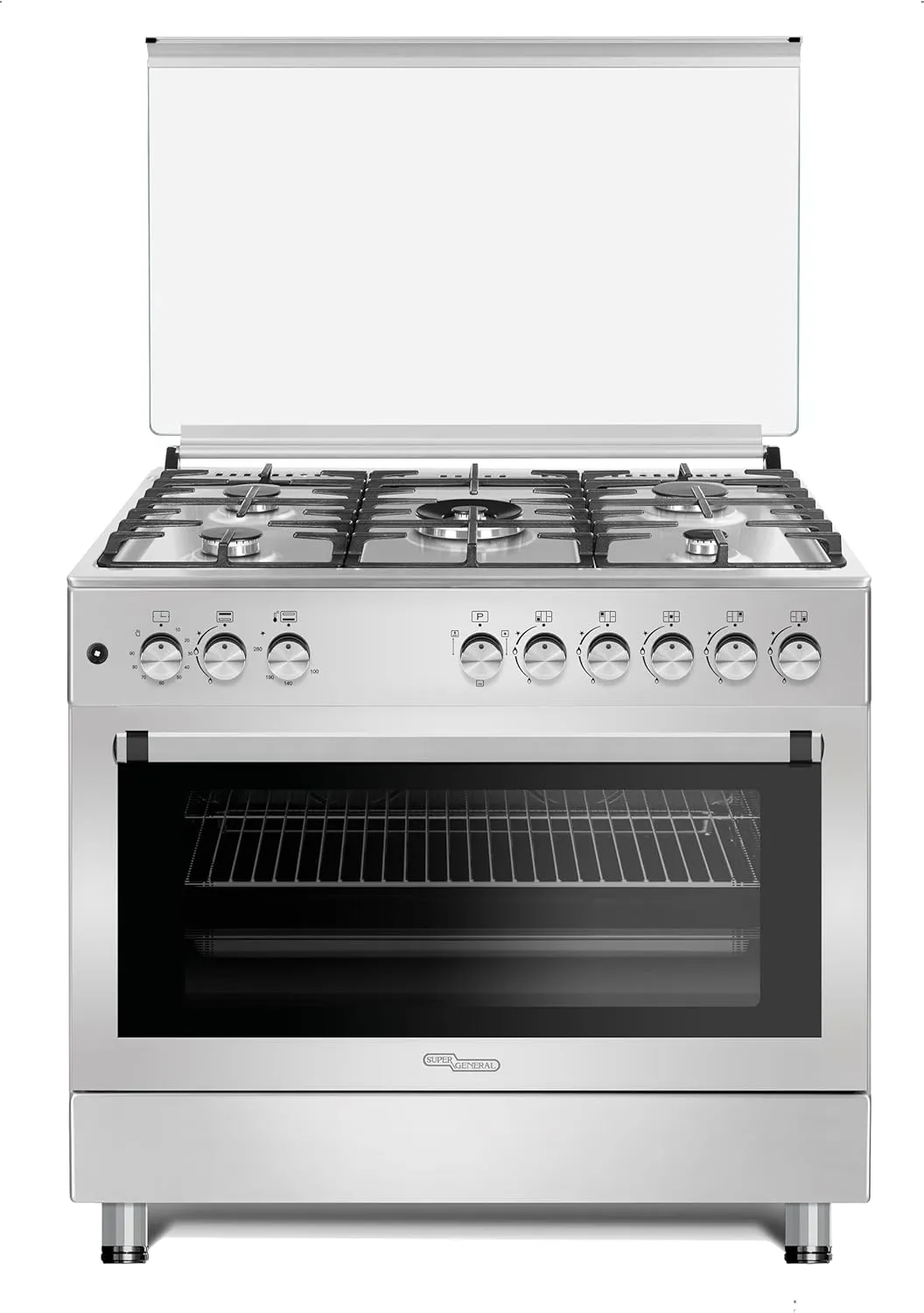 SuperGeneral 90 cm stainless steel dual-fuel range cooker with 5-burner gas hob and 4-function electric oven.
