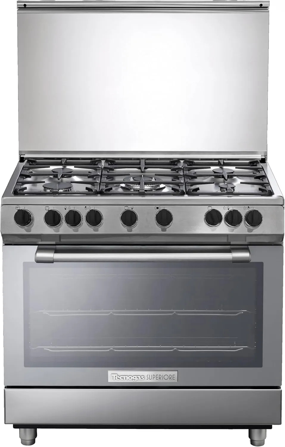 Tecnogas Superiore 90 cm dual-fuel premium cooking range with gas hob and convection electric oven.