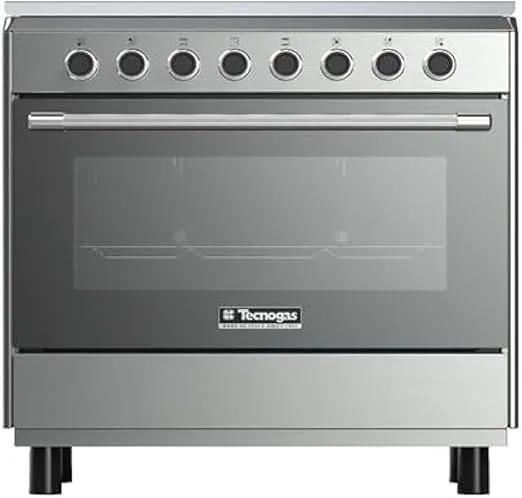 Tecnogas Superiore gas cooker with spacious oven, cast iron grid, chrome knobs, and removable glass door.