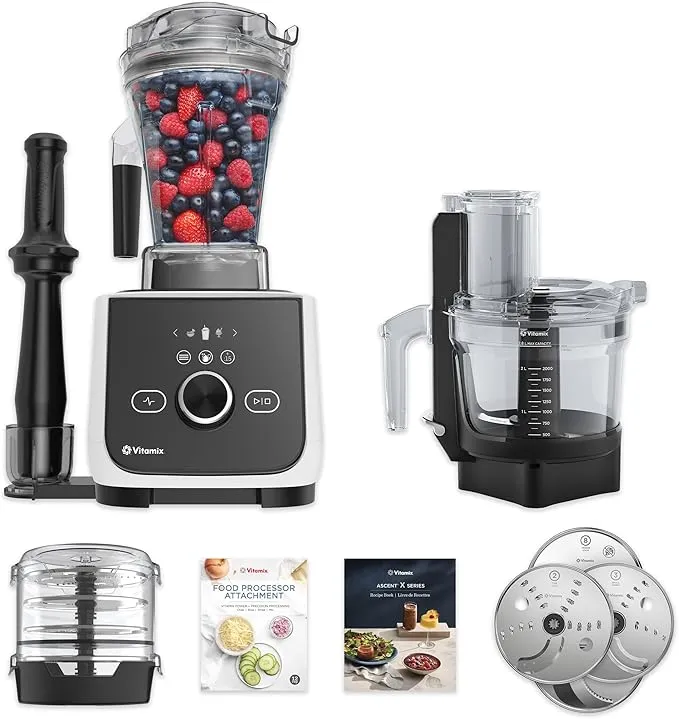 Vitamix Ascent X4 Gourmet SmartPrep kitchen system in polar white with blender, food processor, blade discs, and 48oz SELF-DETECT container.