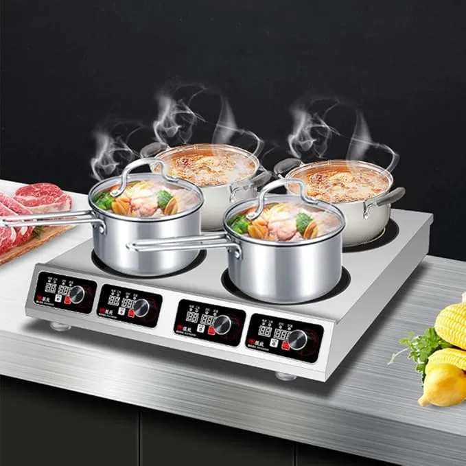 oBlosdh 4-burner commercial built-in induction cooker with stainless steel finish and multiple heating zones.