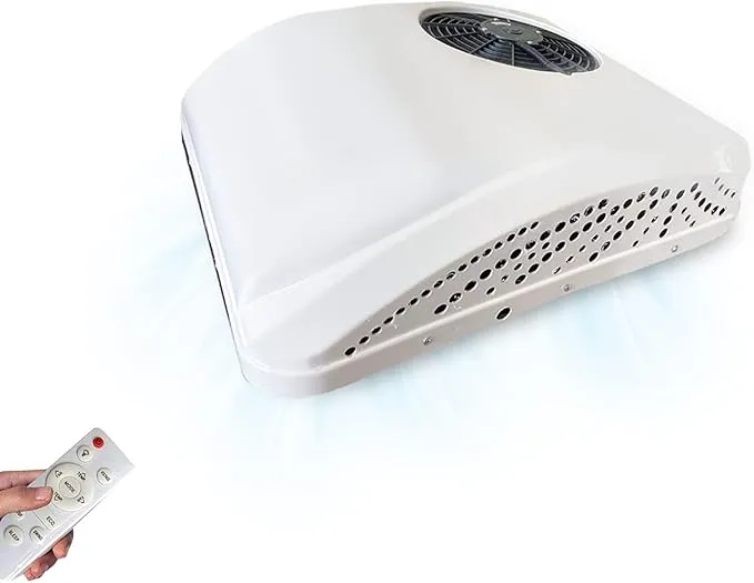 12V RV camper air conditioner with heating and cooling for rooftop installation.