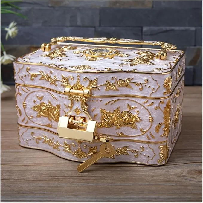 3-tier metal jewelry organizer box with lock, suitable for home decor and wedding gift.