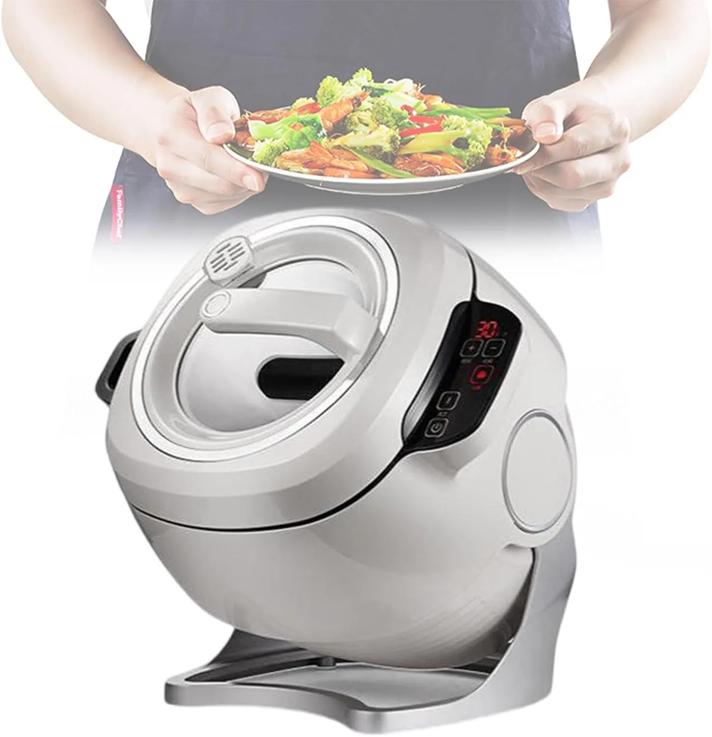 6L automatic stir fry cooking machine with smart start function and 360° rotating design.