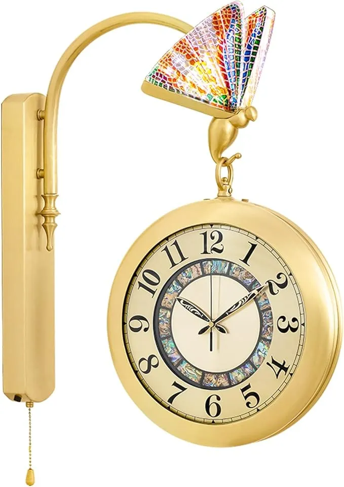 AVLUZ luxury double-sided brass wall clock with 3D rotating silent design for living room and porch decor.