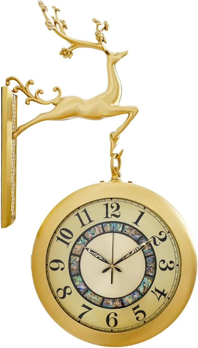 AVLUZ luxury double-sided deer wall clock with 3D rotating silent brass design for living room and porch decor.