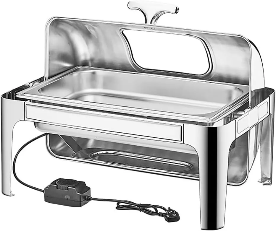 Adjustable-temperature stainless steel electric bain marie buffet warmer for commercial kitchen use.
