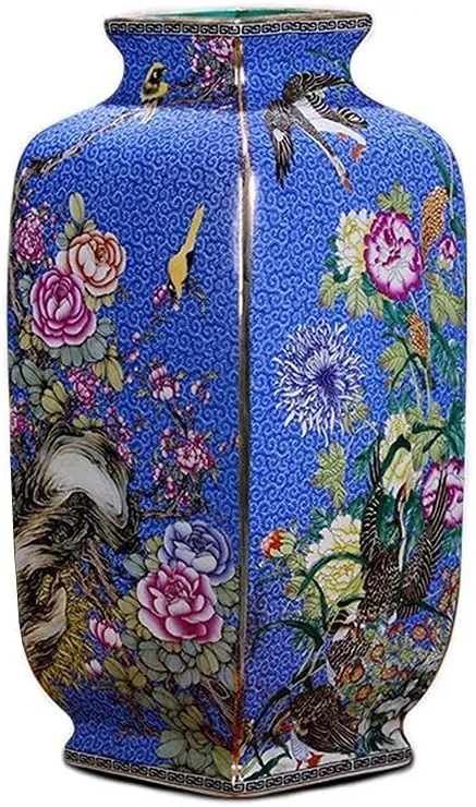 Antique Chinese ceramic vase with enamel finish and square shape for flowers.