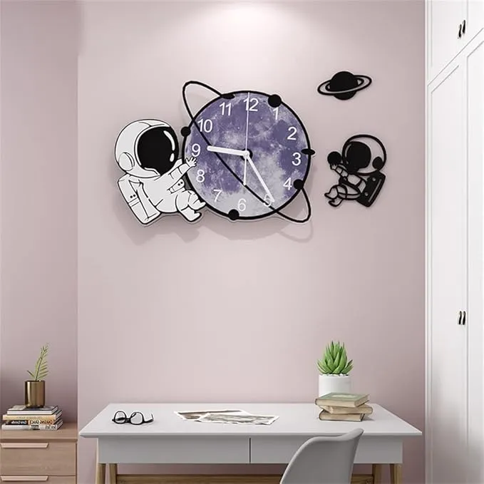 Astronaut-themed kitchen wall clock with DIY sticker design for home interior decor.