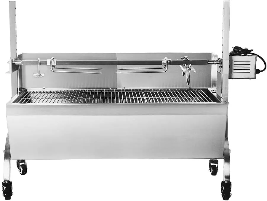 Automatic charcoal barbecue rotisserie with stainless steel spit grill for even roasting.