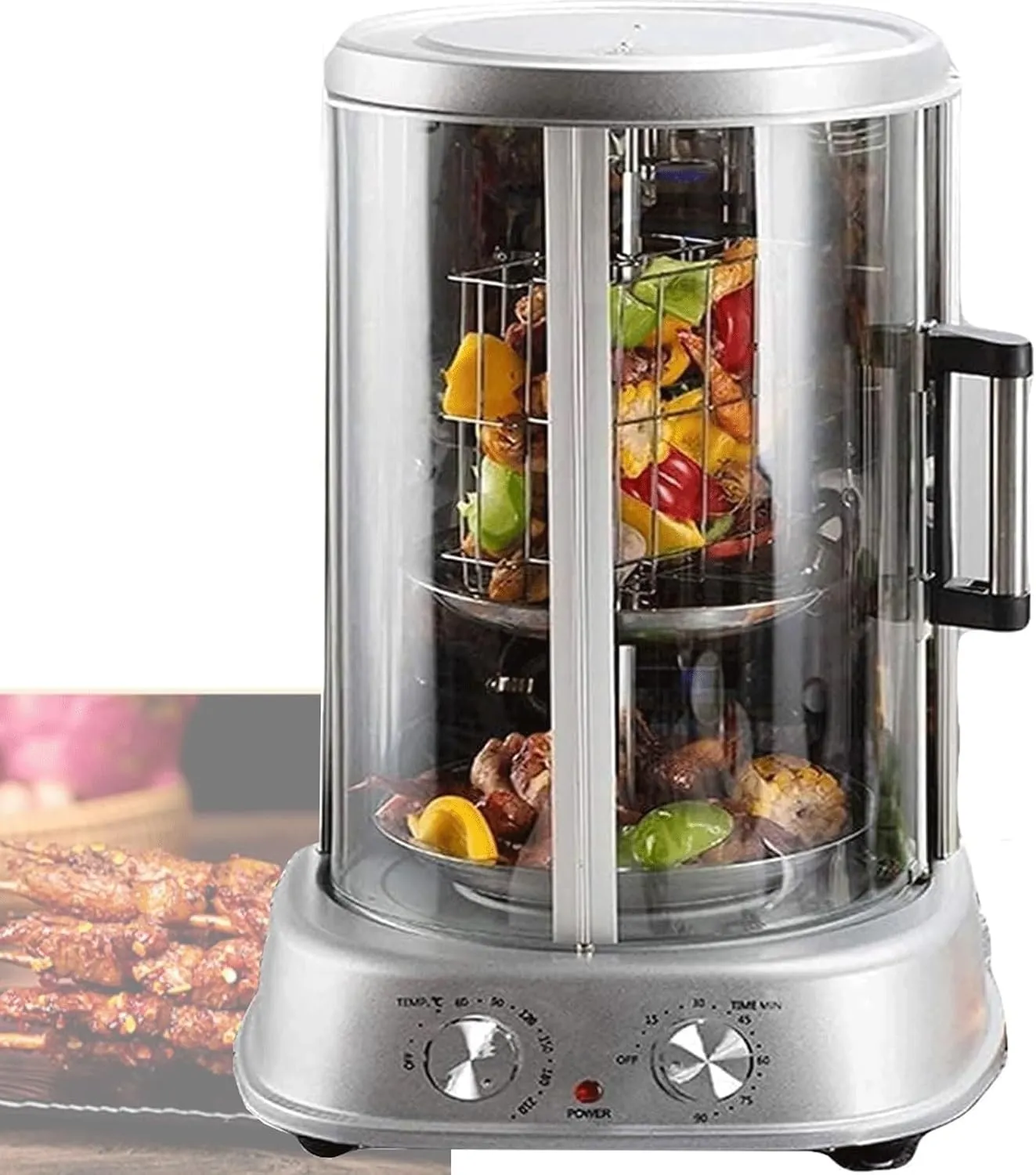 Automatic smokeless rotisserie grill with 360-degree rotation for uniform cooking.